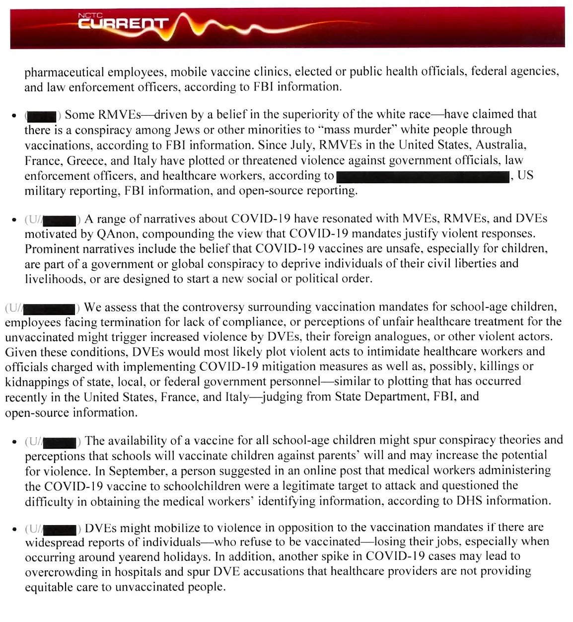 Screenshot of a document titled NCTC Current discussing various threats related to COVID-19 vaccination mandates, including beliefs and actions linked to RMVEs, MVEs, and DVEs, with some information redacted. It covers conspiracy theories, potential violence against healthcare workers and officials, and concerns about school-age vaccinations provoking violence or conspiracy theories, citing FBI, DHS, and other sources.