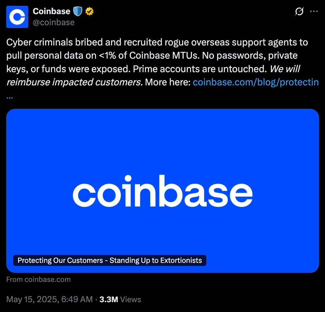 Twitter post from Coinbase reporting that cyber criminals bribed and recruited rogue overseas support agents to pull personal data on less than 1% of Coinbase MTUs but no passwords, private keys, or funds were exposed, and that prime accounts are untouched with a promise to reimburse impacted customers, accompanied by a blue image with the white Coinbase logo and the caption Protecting Our Customers - Standing Up to Extortionists.