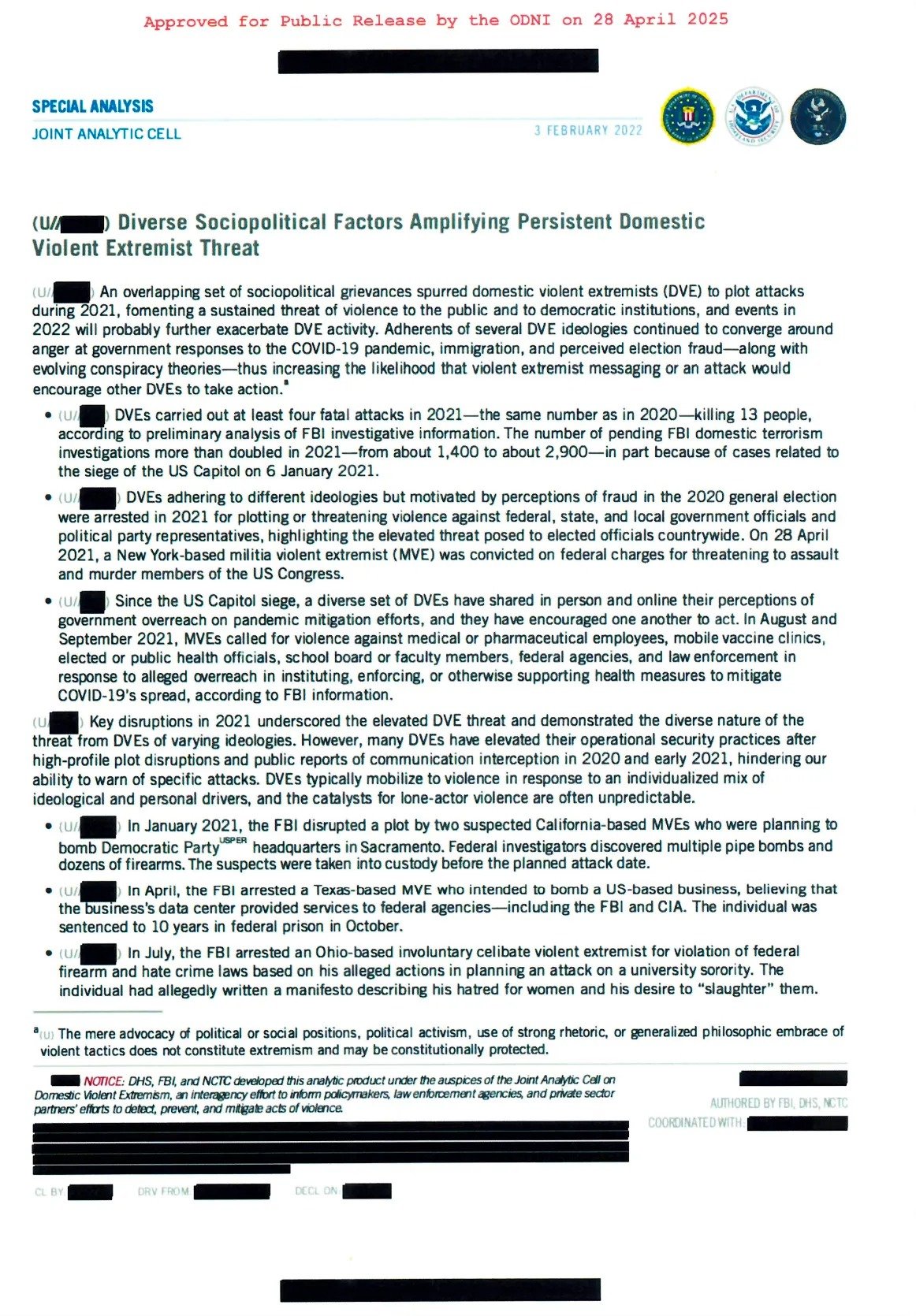 Declassified FBI document dated 3 February 2022 titled 'Diverse Sociopolitical Factors Amplifying Persistent Domestic Violent Extremist Threat' with redacted classified information and logos of FBI, DHS, and NCTC at top right, discussing sociopolitical grievances, violent extremist attacks in 2021, FBI investigations, and specific cases related to domestic violent extremist activities and threats.