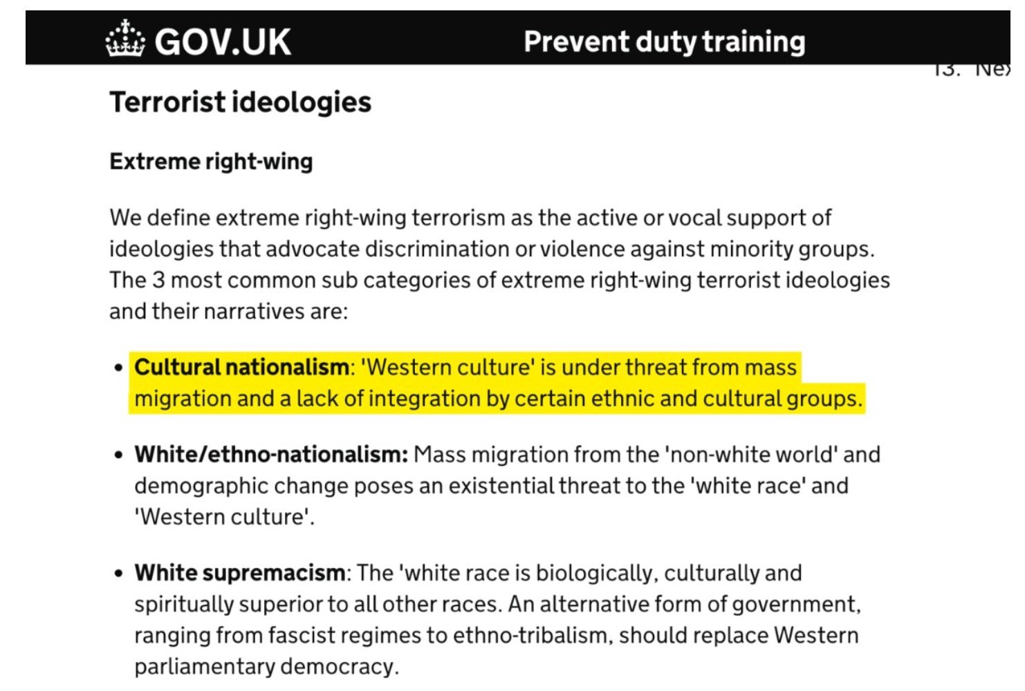 Excerpt from UK government Prevent duty training defining extreme right-wing terrorist ideologies, highlighting cultural nationalism as the belief that 'Western culture' is under threat from mass migration and lack of integration by certain ethnic and cultural groups, alongside descriptions of white/ethno-nationalism and white supremacism.
