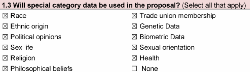 Checklist showing selected options for special category data to be used in the proposal, including Race, Ethnic origin, Political opinions, Sex life, Religion, Trade union membership, Genetic Data, Biometric Data, Sexual orientation, and Health, with Philosophical beliefs and None not selected.