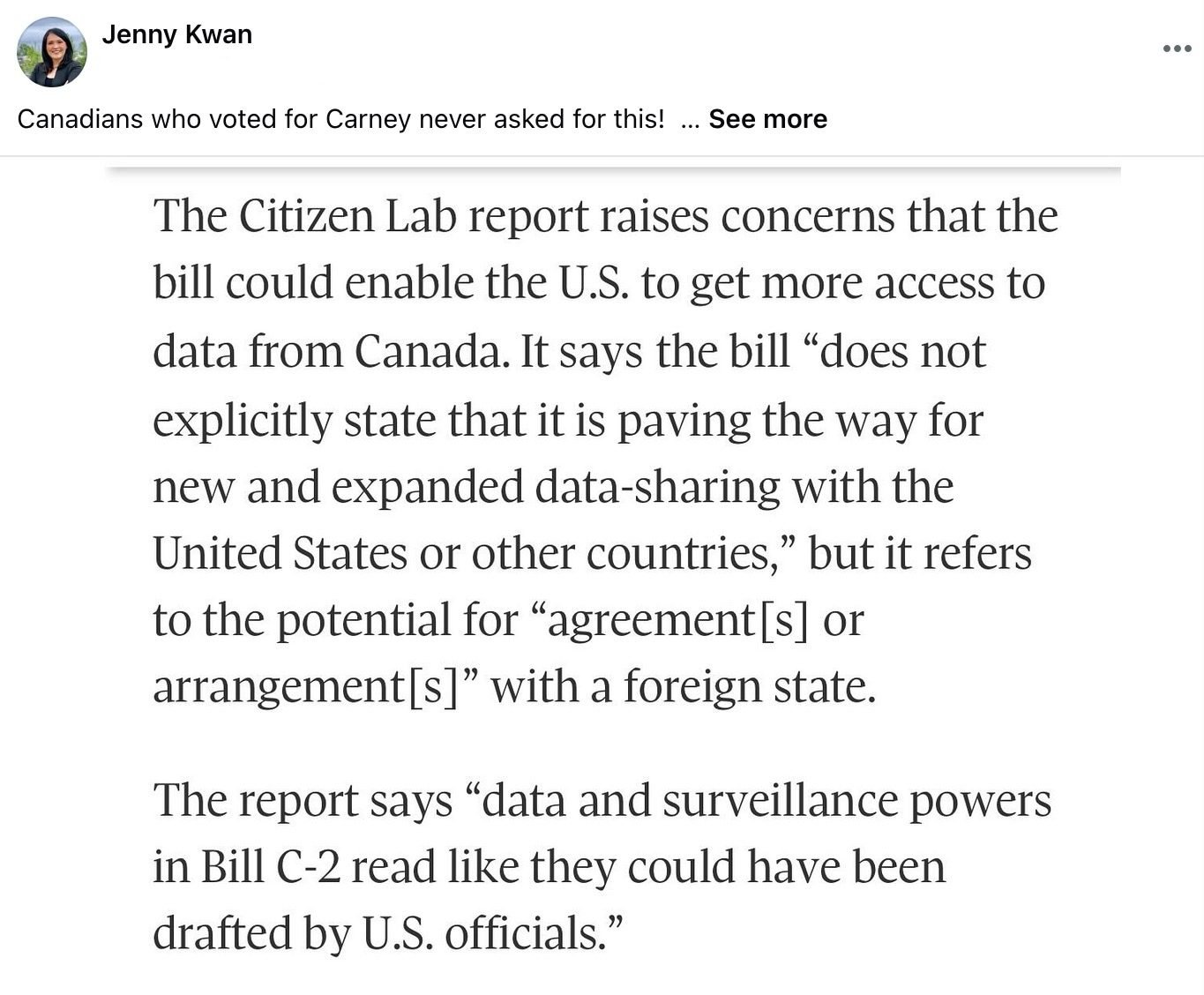 Social media post by Jenny Kwan quoting The Citizen Lab report expressing concerns that a bill could enable the U.S. to access more Canadian data and sharing might be expanded, with data and surveillance powers in Bill C-2 resembling those drafted by U.S. officials.
