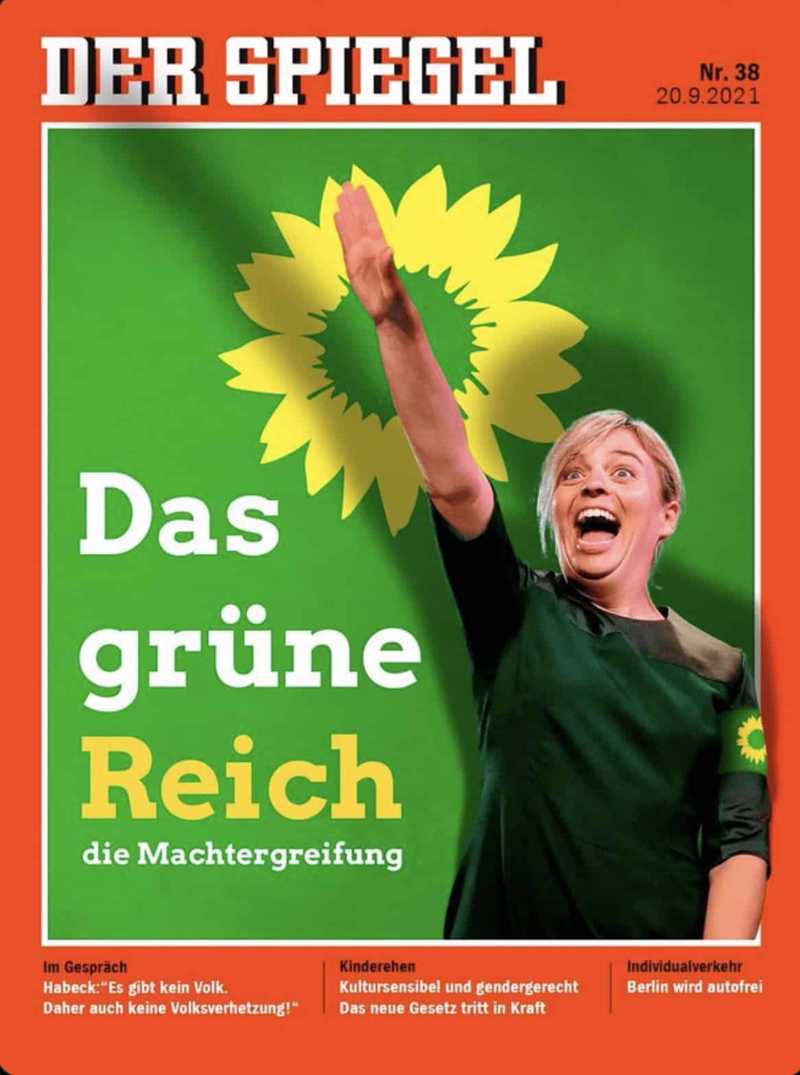 Cover of Der Spiegel magazine dated 20.9.2021 featuring a woman raising her right arm in front of a green background with a yellow sunflower symbol, German text saying 'Das grüne Reich die Machtergreifung', and a red border with additional captions at the bottom.