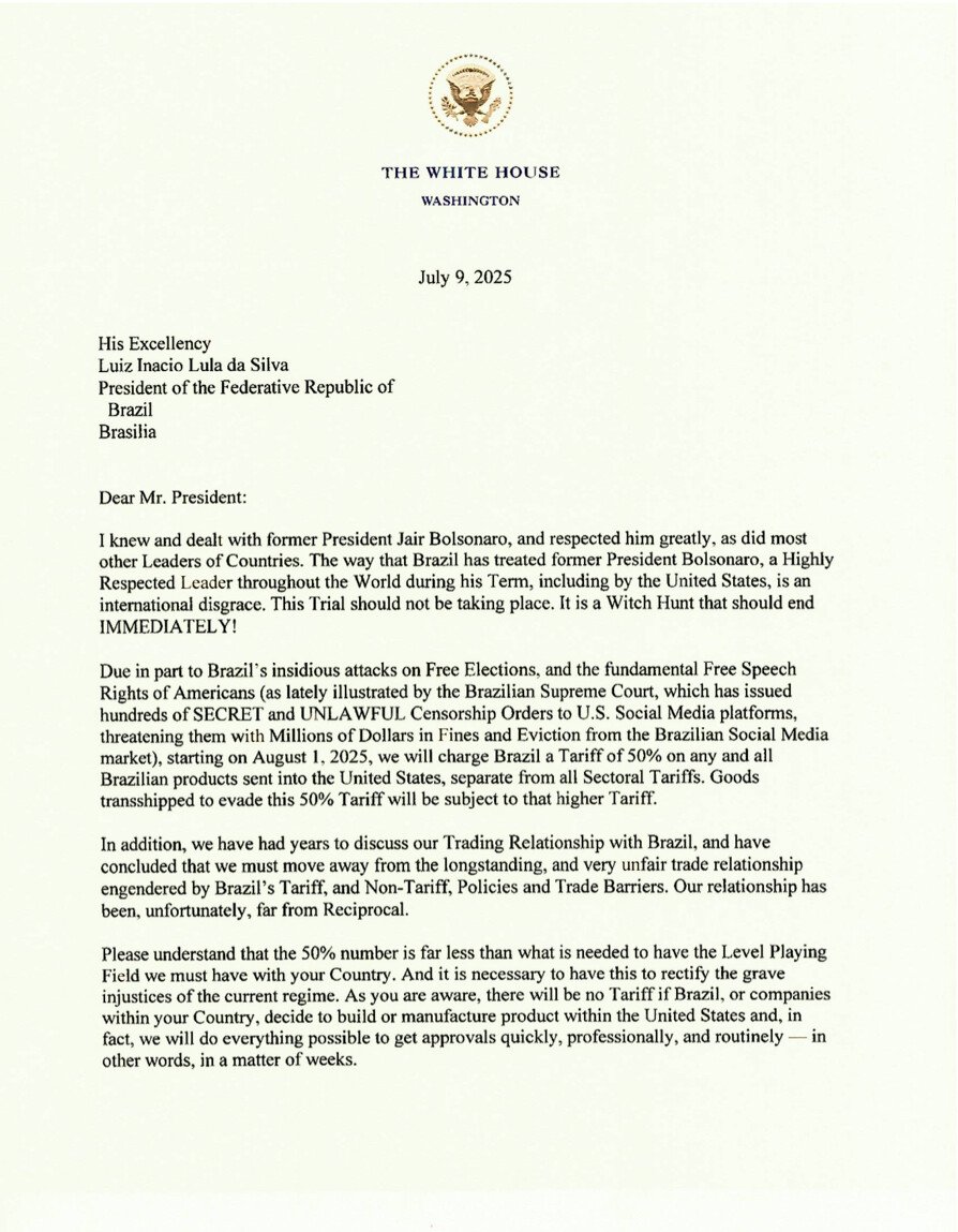 A formal letter dated July 9, 2025, from The White House addressed to His Excellency Luiz Inacio Lula da Silva, President of the Federative Republic of Brazil, discussing opposition to the trial of former President Jair Bolsonaro and announcing a 50% tariff on Brazilian products entering the United States due to alleged unfair trade practices and censorship issues, with a note on efforts to ease trade restrictions if Brazil changes certain policies.