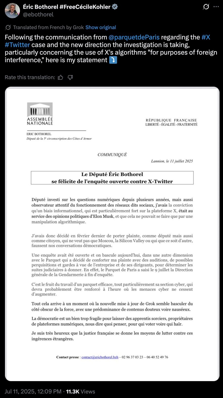 Official statement from Éric Bothorel, French National Assembly deputy, dated July 11, 2025, expressing support for an investigation into X-Twitter concerning foreign interference and algorithmic manipulation, mentioning the Paris Prosecutor's Office involvement and recent developments by Grok's update impacting content quality.